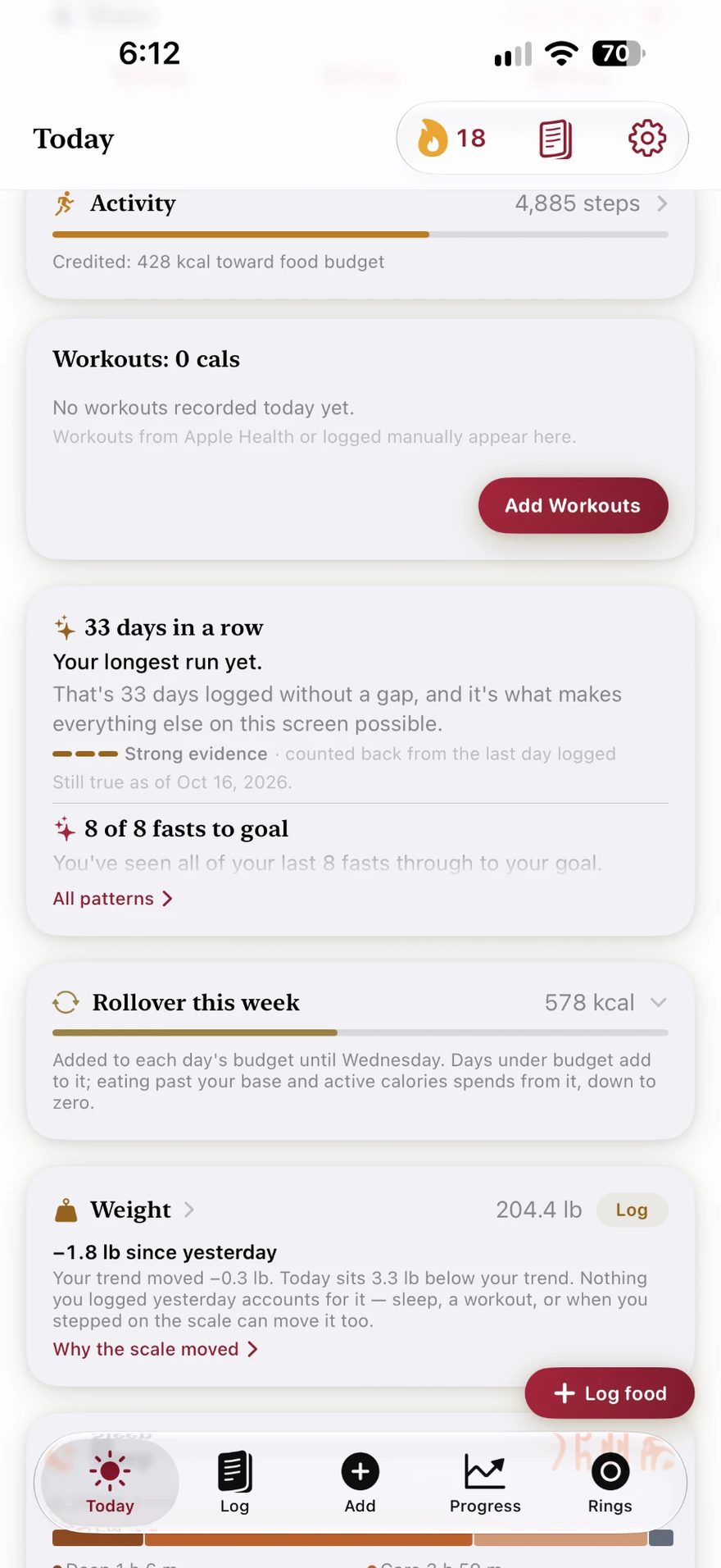Men look: Today with activity, workouts, logging streak and fasting patterns, rollover and weight, and no cycle tools