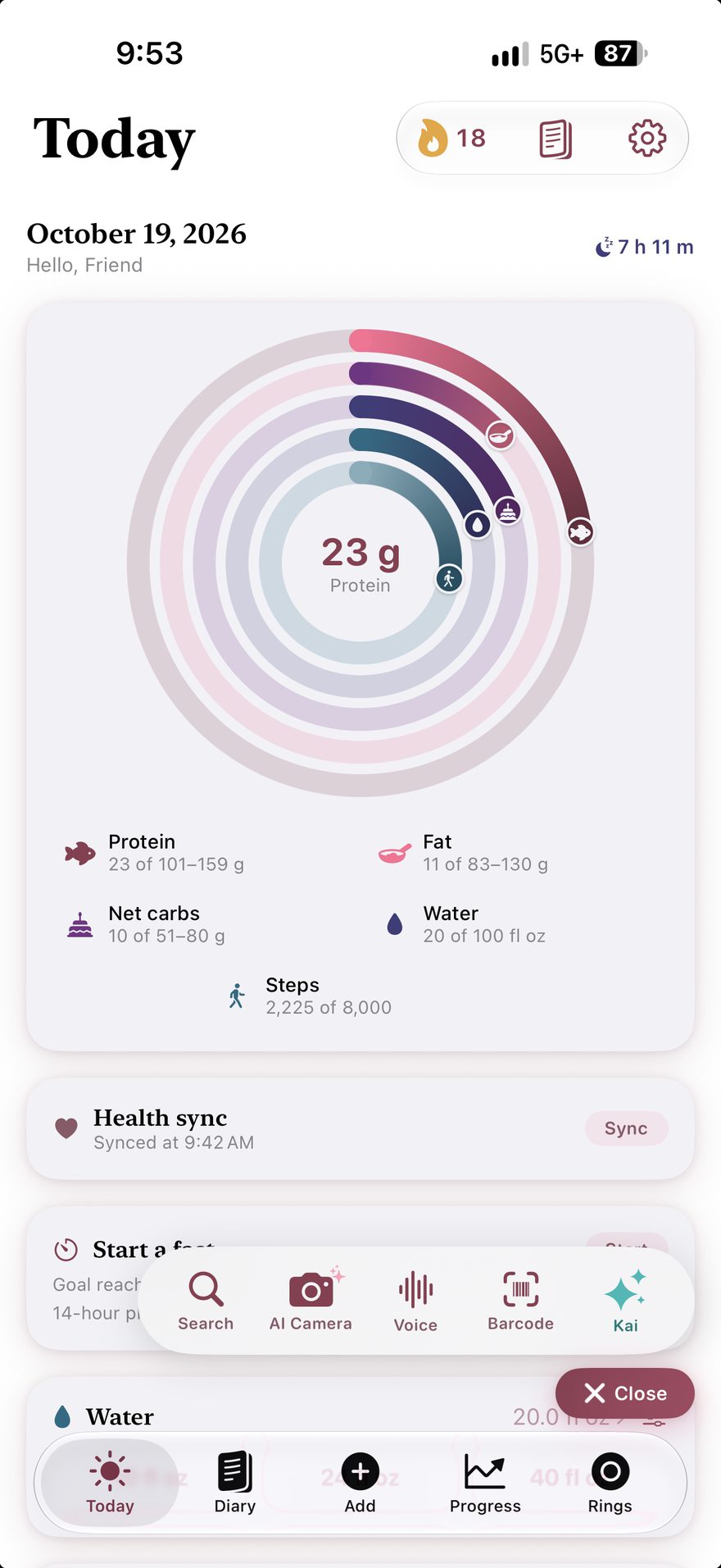 Ola's Today dial in the Berry theme: rings for protein, fat, net carbs, water and steps